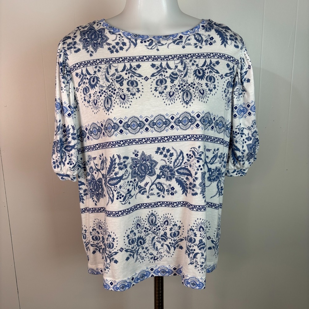 LOFT Top XL White Blue Floral Toile Puff Sleeve Shirt Cotton Blend Women's
